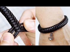 two pictures showing how to make an anchor bracelet with leather cord and metal clasps