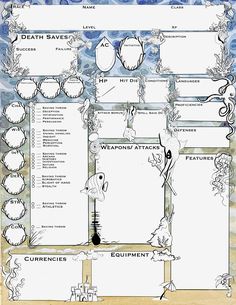 Hand drawn and painted character sheets for D&D.  Included is a PDF of 3 high resolution (8.5 x 11 paper) character sheets, with space for spells, character description, and more. Dnd Notes, Paper Character, Mermaid Sheets, Rpg Character Sheet, Dnd Journal, Dnd Character Sheet, Dnd Crafts, Character Sheet Template, Dnd Items