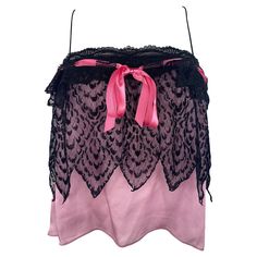 Product details: The top is made out of pink silk and black floral lace, featuring spaghetti straps and bow detail, loose fit. 2000s Pink, Rive Gauche, Black Accents, Black And Pink, Tank Top Cami, Pink Silk, Cami Tanks, Modern Fashion, Bow Detail