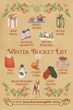 the winter bucket list is displayed on a piece of parchment paper with holly and snowflakes