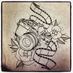 a drawing of a camera with flowers on it