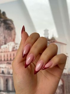 Red Tip Nails, Almond Nails Red, French Tip Nail Designs, Red French, Gel Nails Diy, Pointed Nails, Square Acrylic Nails