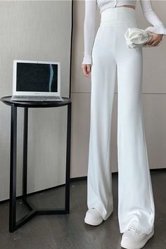 High Waist Loose Basic Colors Wide Leg Pants – Nada Outfit Land White Non-stretch Wide-leg Pants, White Solid Color Straight Pants, White Non-stretch Pants, Elegant Plain Pants, Elegant Plain Solid Pants, Elegant Solid Color Plain Pants, White Stretch Wide Leg Pants With Pockets, White Stretch Straight Dress Pants, Solid Color Non-stretch Trousers