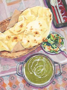 a painting of food on a table with utensils