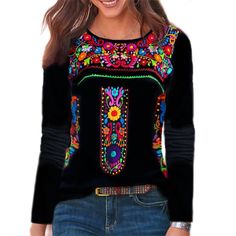 PRICES MAY VARY. Made from premium fabric, this long sleeve embroidered peasant blouse for women is very soft and breathable, the lining is so friendly to your skin, super cozy to touch and extremely comfortable to wear for whole day. Featuring long sleeve, v neck and crewneck style to choose, floral embroidery, casual sloose fit silhouette, this long sleeve floral embroidered mexican shirts for women is so fashionable, the embroidered flower on the top is so delicate and very eye-catching. This Boho Long Sleeve Top, Mexican Shirts, Stunning Tops, Bohemian Tops, Bohemian Print, Styl Boho, Hipster Fashion, Winter Tops, Ruffled Sleeve Top