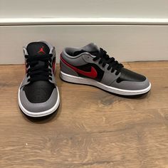 Cement Grey/Black/White/Fire Red New Without Box Sporty Gray Sneakers With Red Sole, Jordan 1 Low Women Outfit, Pretty Sneakers, Jordan 1 Black, Red Jordans, Jordan Grey, Jordan Red, Cement Gray, Shoes Air