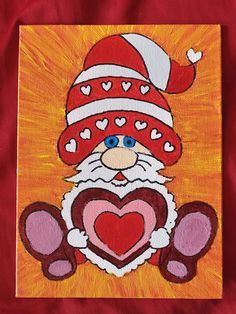 a painting of a santa claus holding a heart on an orange background with red and yellow colors