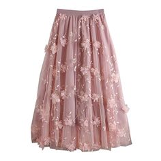 Elegant Design: This midi half skirt features a double-layered mesh fabric adorned with embroidered floral details, adding a touch of elegance to your ensemble.Flowy Silhouette: The large flared design creates a voluminous and graceful silhouette, perfect for twirling and dancing.Intricate Embroidery: The delicate floral embroidery adds intricate detailing and visual interest to the skirt, enhancing its beauty.Versatile Styling: Suitable for various occasions, from parties to formal events, this Spring Floral Embroidered Long Skirt, Floral Embroidered Full Skirt For Spring, Lace Skirt With Floral Embroidery For Party, Flowy Lace Skirt With Floral Embroidery, Spring Lace Maxi Skirt, Pink Lace Skirt For Spring, Spring Lace Long Skirt, Party Skirt With Floral Embroidery And Lace, Elegant Summer Skirt With Floral Embroidery