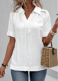 Color:White;Size:S;Size:M;Size:L;Size:XL;Size:XXL;Package Contents:1 X Blouse;Occasion:Other;Style:Casual; Shirt Collar Blouse, Beach Bridesmaid Dresses, White Lace Shirt, White Lace Shorts, White Short Sleeve Shirt, Trendy Tops For Women, Plaid Outfits, Black Swimwear, White Square