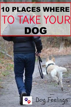 a man walking his dog down a path with the words 10 places where to take your dog