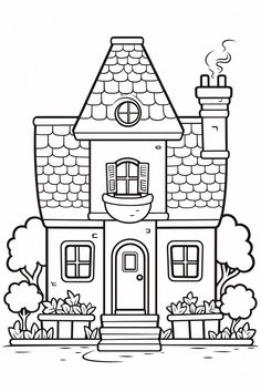 a coloring page with a house and trees