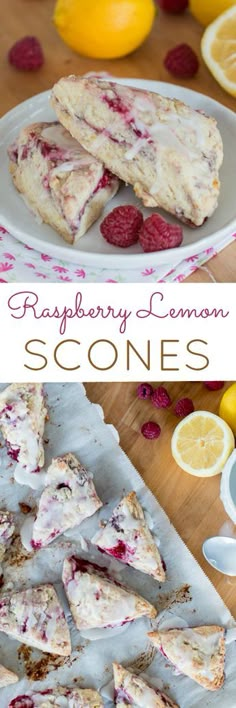 raspberry lemon scones on a white plate