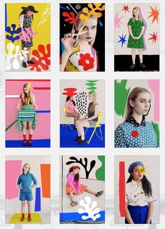 a collage of photos with women in colorful outfits and hats, all on different backgrounds