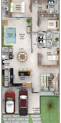 an overhead view of a house with two cars parked in the driveway