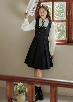 A blouse, neck tie and dress set. Features a basic white button down shirt with a matching stripe neck tie, a double breasted pinafore dress with waist ties and above-the-knee length pleated skirt. S: 34.5" chest, 28" waist, 32" lengthM: 36" chest, 29.5" waist, 32" lengthL: 37.5" chest, 31" waist, 32" length Blouse Neck, White Button Down Shirt, White Button Down, Pinafore Dress, Shoe Gifts, Dress Set, Overall Dress, Sweater Blouse, Cardigan Jacket