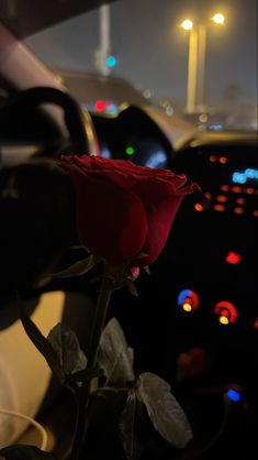 a single red rose sitting in the middle of a car dashboard with traffic lights behind it