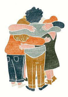 three people hugging each other with their arms around them