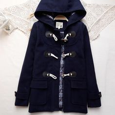 Harajuku College wind Horn buttons jacket sold by Harajuku Fashion Style on Storenvy Winter Cotton Pea Coat With Button Closure, Navy Cotton Outerwear For Winter, Casual Fitted Peacoat With Button Closure, Fitted Casual Peacoat With Button Closure, Fall Peacoat With Buttons, Casual Cotton Pea Coat For Fall, Navy Outerwear With Buttons For Winter, Casual Winter Peacoat With Pockets, Navy Long Sleeve Winter Peacoat