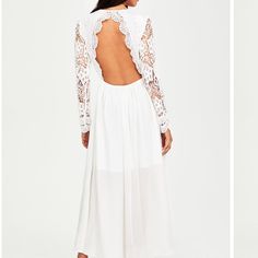 This Dress Is Gorgeous, Brand New With Tags! White Lace Long Sleeve Maxi Dress! Great For The Beach Or For Winter! Spring Brunch Dress With Lace Back, Spring Party Midi Dress With Lace Back, White Summer Dresses With Lace Back, White Lace Back Summer Dress, White Summer Dress With Lace Back, Spring Fitted Midi Dress With Lace Back, Elegant Lace Trim Maxi Dress For Day Out, Elegant Maxi Dress With Lace Trim For Day Out, Spring Brunch Maxi Dress With Lace Sleeves