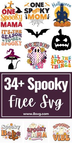 an image of halloween stickers with the text, 34 spooky free svg