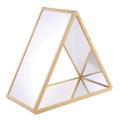 a wooden triangle shaped mirror on a white background