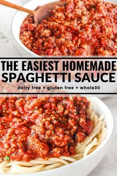 the easy homemade spaghetti sauce is ready to be eaten and served in a white bowl