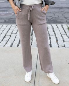 Front view of Almondine Classic and Cozy Ribbed Sweater Pants Almond Color, Grace And Lace, Ribbed Knit Sweater, Leg Design, By Grace, Sweater Pants, Good Stretches, New Classic, Ribbed Sweater