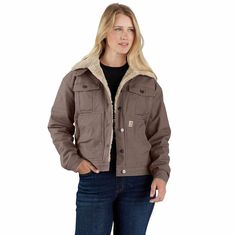 Withstand cold weather in this women's canvas sherpa lined jacket. It's lined with soft sherpa fleece for a warm and comfortable feel. Rugged canvas duck has built-in flex so you can lift and stretch without restriction. A loose fit gives you plenty of room to move. Features8.5-ounce, 98% cotton/2% elastane canvasSherpa liningBuilt to move with Rugged Flex® stretch technologyModifiable mock-neck secured tab collarAdjustable cuffs and hemSecure interior and exterior pocketsBack length: 24.25"Mode Relaxed Fit Outerwear With Fleece Lining For Cold Weather, Winter Outerwear With Fleece Lining And Relaxed Fit, Sherpa Lined Jacket, Carhartt Womens, Teddy Fleece, Cold Weather Gear, Clothing Essentials, Fall Jackets, Sherpa Lined