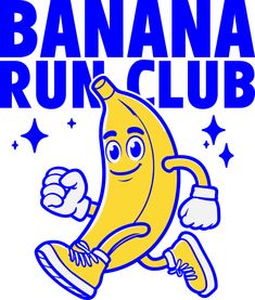 the banana run club logo with a running banana on it's side and stars in the background