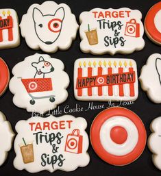 decorated cookies with images and words on them for birthdays or other special occasiones