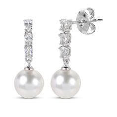 Capture her attention with the shimmering look of these cultured pearl drop earrings. Crafted in sterling silver Each earring features a trio of pear-shaped white lab-created sapphires A lustrous 6mm x 6.5mm freshwater cultured pearl dangle completes the design Earrings secure with friction backs Pearl Drop Diamond Earrings, White Lab, Design Earrings, Diamond Drop Earrings, Accessories Jewelry Earrings, Earrings Sterling Silver, Pearl Drop Earrings, Pearl Drop, Wedding Attire