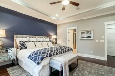 a bedroom with a large bed and blue walls