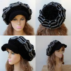 Black gray Visor hat slouchy beanie Newsboy cap crochet handmade Beret Pattern, Crochet Ball, Crochet Shawl Pattern Free, Visor Hats, Newsboy Cap, Slouchy Beanie, Shawl Crochet Pattern, Shawl Pattern, Ear Warmers