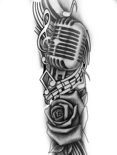 a black and white photo of a microphone with roses on it