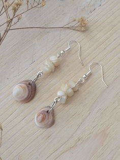 two seashells are hanging from silver earwires on a wooden table next to dried flowers