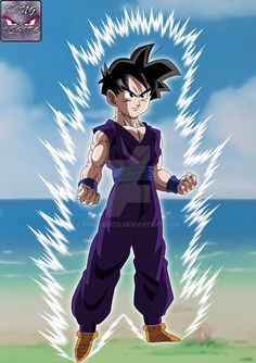 the dragon ball character is standing in front of an ocean with lightning streaks on it