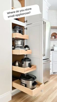 an open kitchen cabinet with pots and pans on the bottom shelf, which is labeled where do you store small appliances?