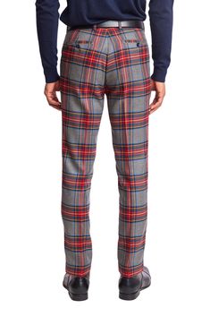 Slim-fit pants with welt pockets on the back and slant pockets on the front in red and charcoal royal tartan. It's made with a poly-rayon blend for extra comfort. Pair these pants with any top or the matching slim-fit Ashton Peak jacket with its neutral color and tartan design.PRODUCT DETAILS: style 6442P slim-fitting suit pant slant front pockets welt back pockets 32-inch inseam with finished hem 1.5-inch hem let-down allowance 16-inch leg opening poly-rayon stretch blend dry clean only importe Fall Suit, Formal Pants, Knit Outerwear, Tartan Design, Suit Pant, Slim Fit Pants, Fit Pants, Slim Pants, Design Product