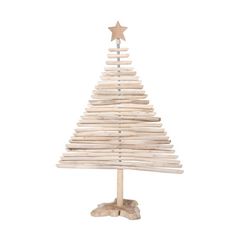 a small wooden christmas tree on a white background with a star hanging from the top