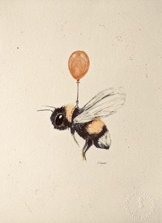 a painting of a bee flying with a balloon in it's mouth, on a white background