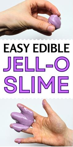 two hands holding purple jell - o slime with the text easy edible jello - o slime