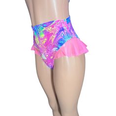 Introducing our Rave Bikini Bottom with Mesh Ruffle, the ultimate blend of sass and style for the dance floor diva in you! These hot pants are designed to make a statement with their high-thigh cut and super cheeky design, guaranteed to turn heads and set the dance floor on fire. The highlight of these hot pants is the mesh ruffle detailing on the sides, adding a touch of flirtatious flair and playful movement to your outfit. Whether you're grooving to the beat at a rave, hitting the club scene, High Waist Dancewear Bottoms For Summer, Trendy High Waist Bottoms For Festivals, Multicolor Rave Bottoms For Party, Flirty Fitted Beach Bottoms, Flirty Fitted Bottoms For Beach, Rave Style Multicolor Party Bottoms, Rave Multicolor Party Bottoms, High Waist Fitted Bottoms For Festival, Trendy Fitted Festival Bottoms