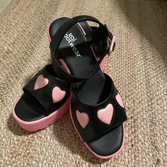 These Have Never Been Worn Before! Unfortunately, My Daughter Impulse Bought Them And They Didn’t Match Her Wardrobe So They’re Brand New Condition With Zero Wear. Cute Pink Ankle Strap Sandals, Fun Black Sandals With Round Toe, Black Round Toe Sandals With Fun Style, Cute Pink Party Sandals, Fun Black Sandals For Vacation, Fun Black Synthetic Sandals, Fun Black Sandals For Summer, Fun Black Summer Sandals, Koi Shoes