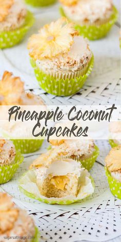 pineapple coconut cupcakes on a white plate with the title above it in black text