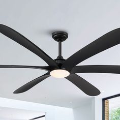 a black ceiling fan in a white room