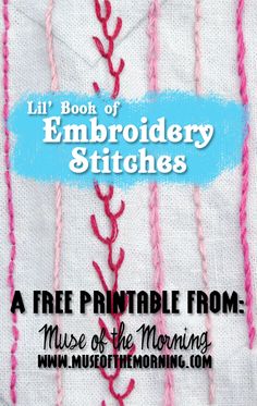 the front cover of embroidery stitches, featuring pink thread and red stitchs on white fabric