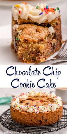 chocolate chip cookie cake with frosting and sprinkles