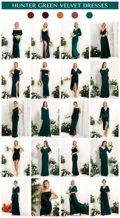 a collage of photos showing the different dresses worn by women in green and black