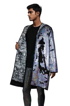 Shop Our Mens Sequin Hoodie Jacket. This Sparkle Jacket Mens in hologram silver sequins is the most versatile holographic jacket for a rave mens outfit. Trendy Outerwear With Contrast Sequin For Party, Metallic Disco Outerwear For Party, Party Season Outerwear With Contrast Sequin, Glitter Outerwear For Party Season, Metallic Long Sleeve Outerwear For Party Season, Trendy Spring Outerwear With Contrast Sequin, Fitted Outerwear With Contrast Sequin For Party Season, Trendy Sequined Outerwear For Party Season, Winter Embellished Long Sleeve Outerwear