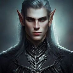 a male elf with long hair and grey hair wearing black leather clothes, standing in front of a dark background